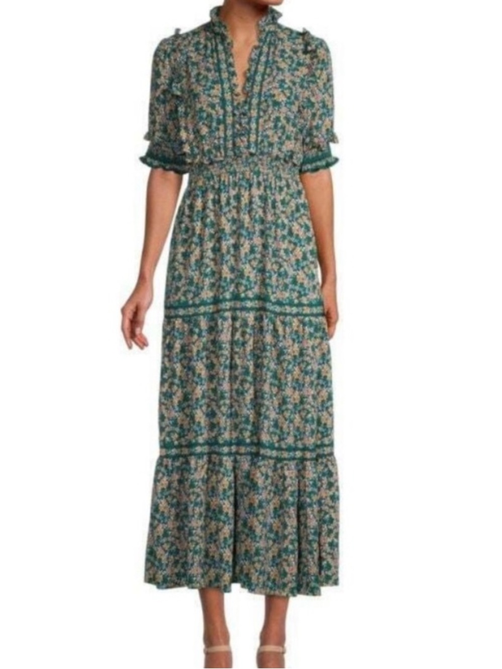 Max Studio Floral Ruffle Maxi Dress - Green